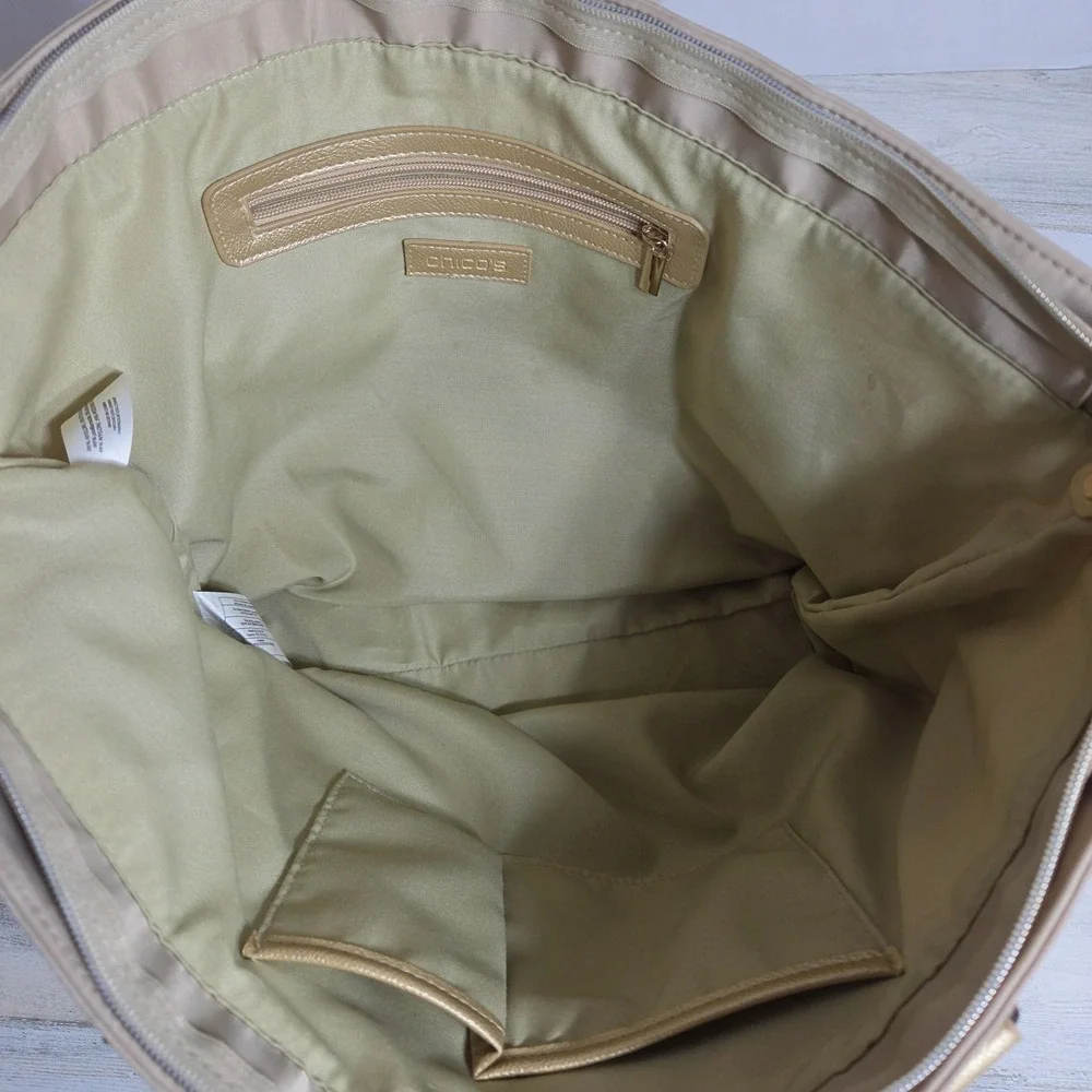 Chicos Large Tote Bag Champagne Gold Nylon Vegan Leather Weekender Travel Purse
